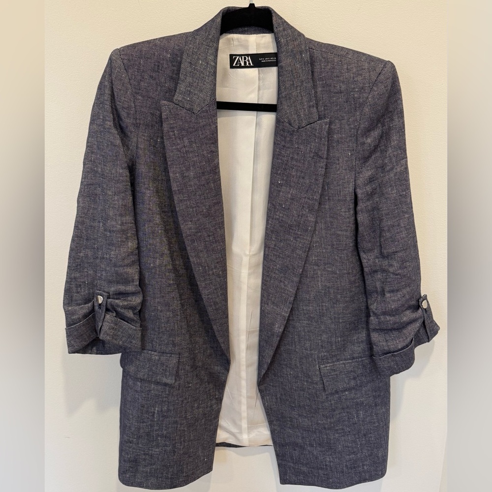 Zara Roll-up Blue Linen Blazer